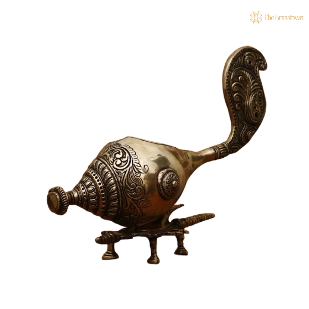 Ornate Brass Conch on Stand - A Blend of Elegance and Spirituality 7 Inch