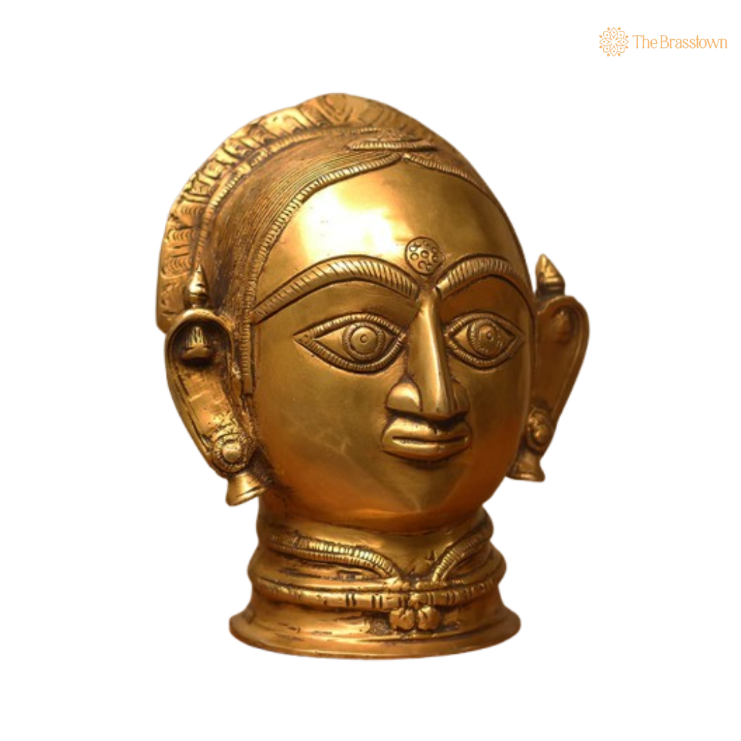 Ornate Brass Devi Head - A Symbol of Divine Femininity and Spiritual Grace 7 Inch