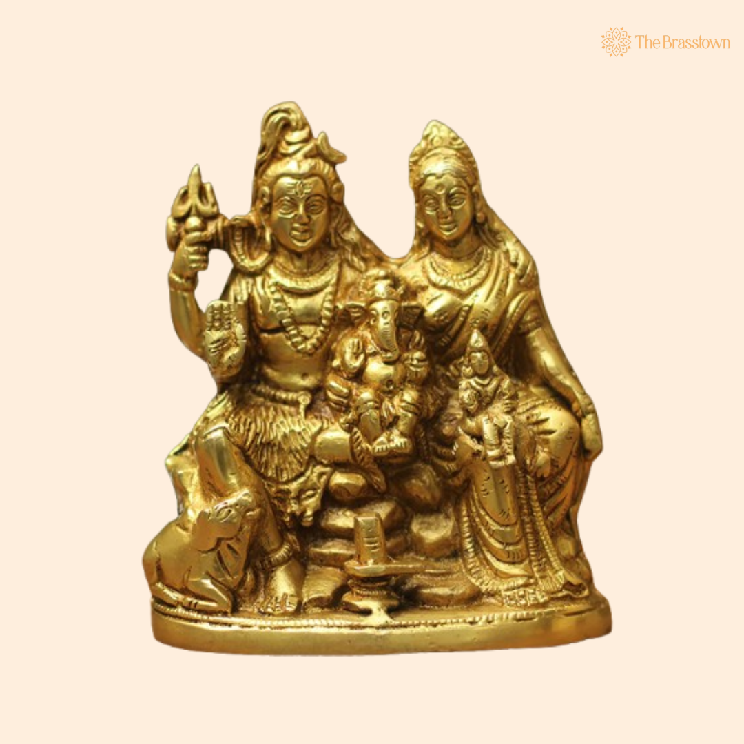 Ornate Brass Shiva Parivar Statue - A Symbol of Divine Family and Blessings 6 Inch