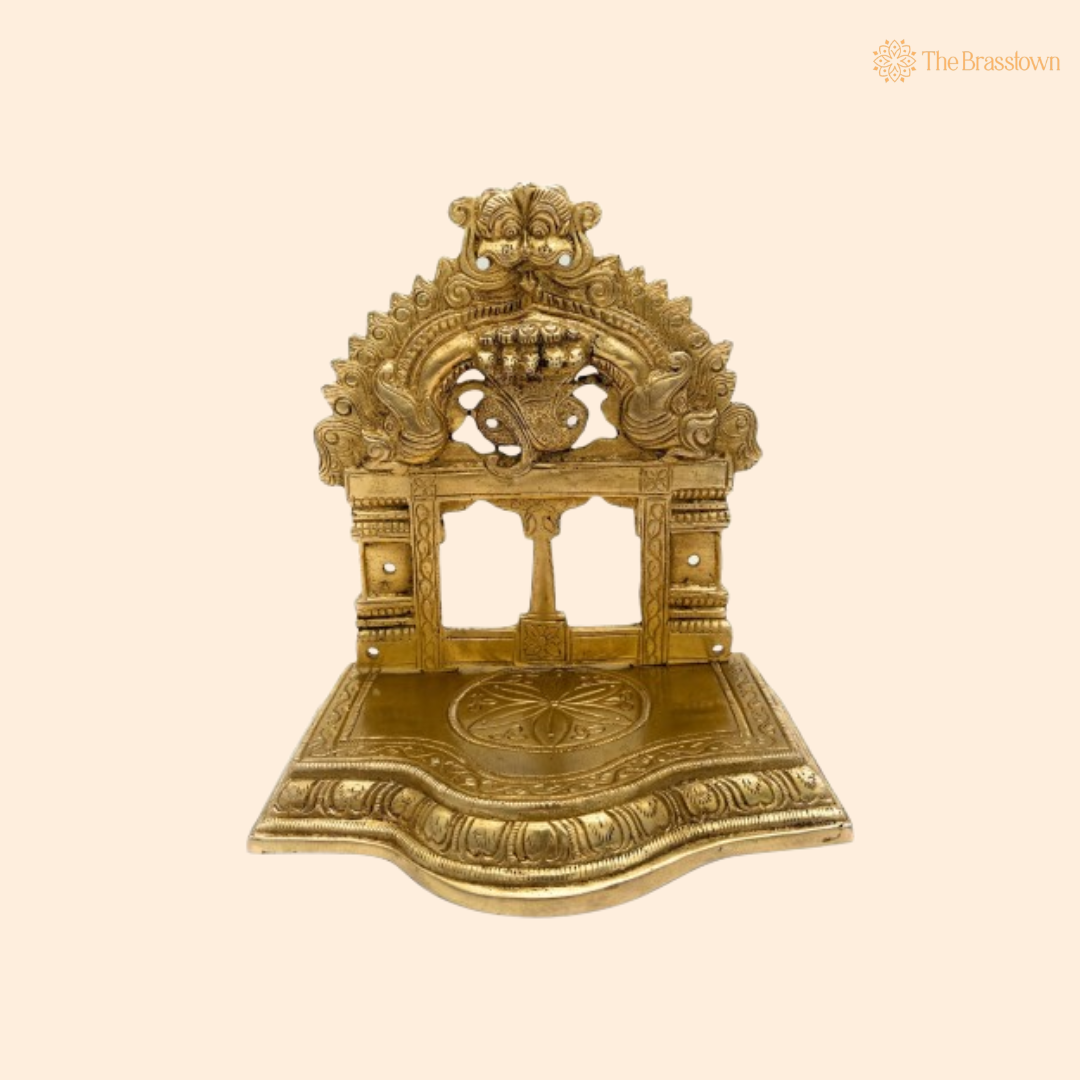 Ornate Brass Temple with Peacock Motif 7 Inch