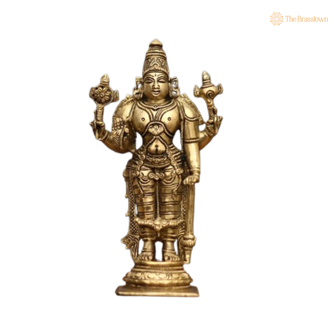 Ornate Brass Vishnu Statue - A Symbol of Divine Grace and Protection 7 Inch