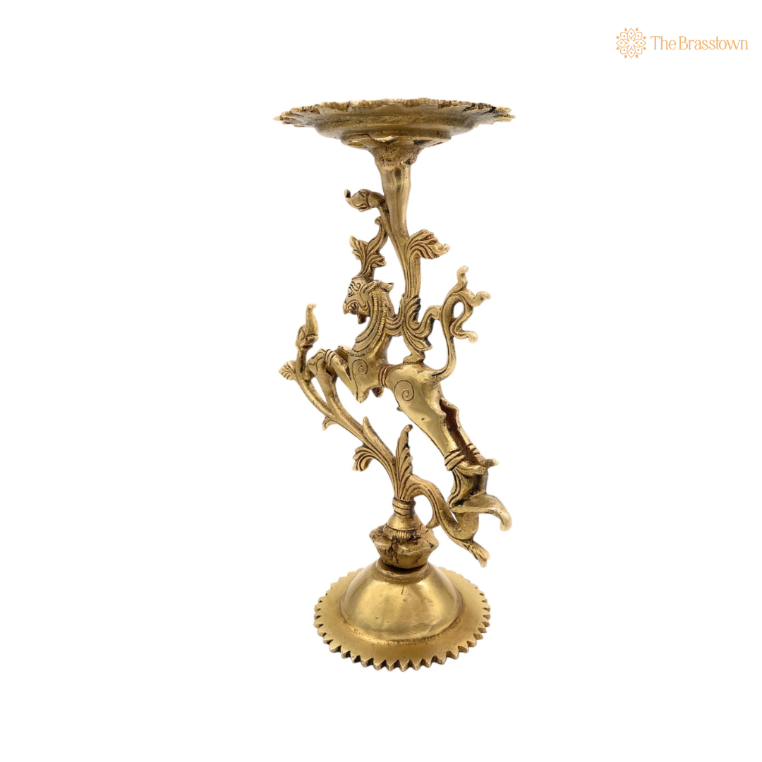Ornate Brass Yali Candle Holder – A Symbol of Grace and Strength 9.5 Inch