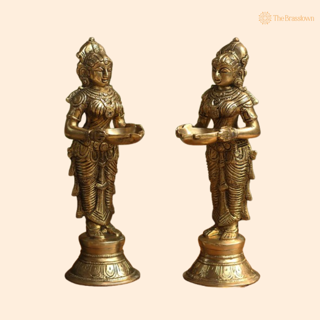 Pair of Brass Lamp-Bearing Devotional Figures 9 Inch