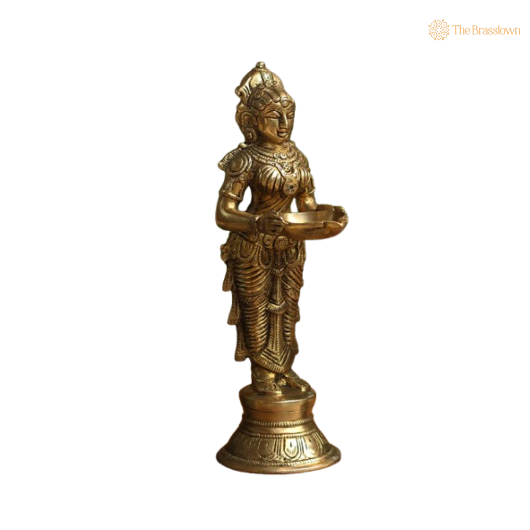 Pair of Brass Lamp-Bearing Devotional Figures 9 Inch