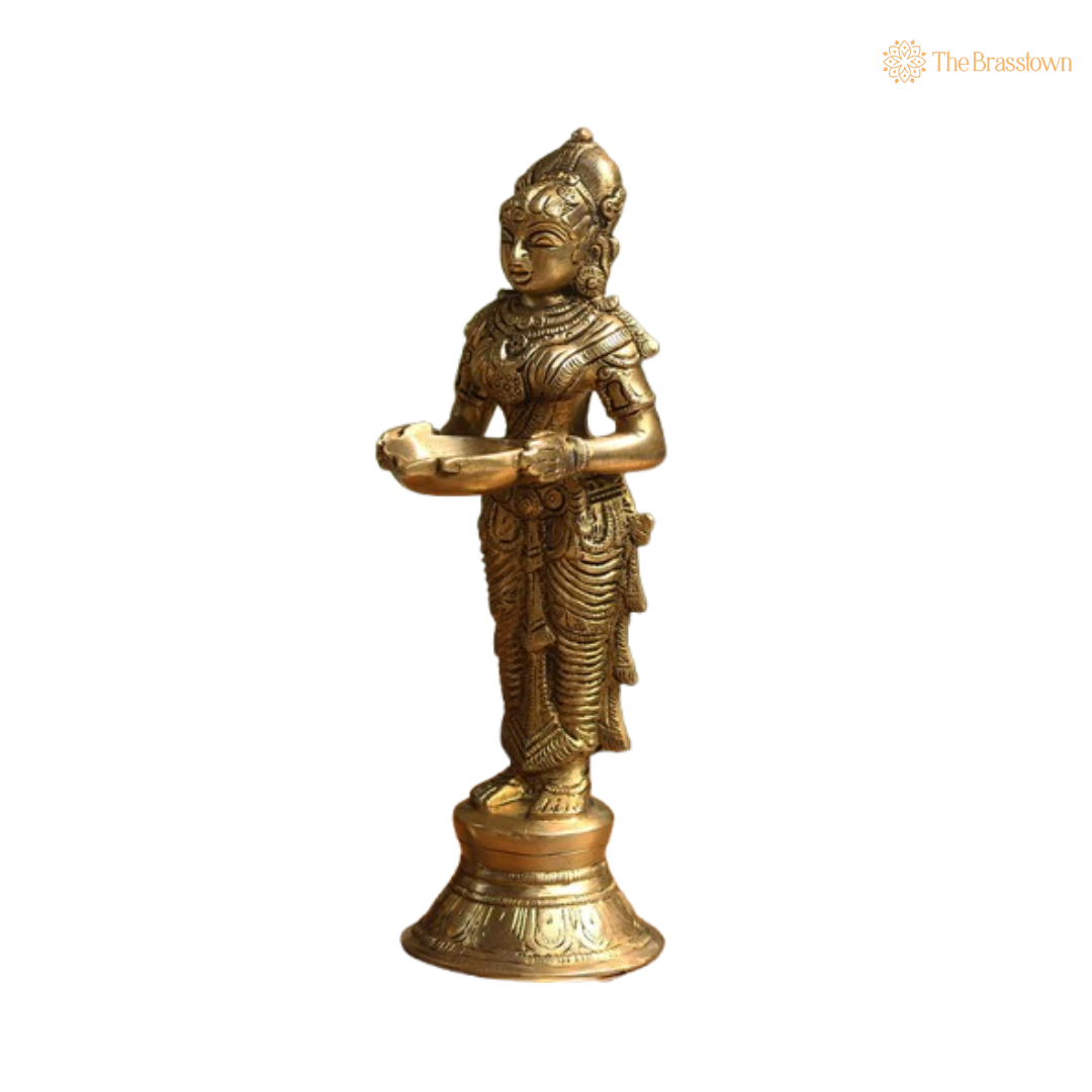 Pair of Brass Lamp-Bearing Devotional Figures 9 Inch