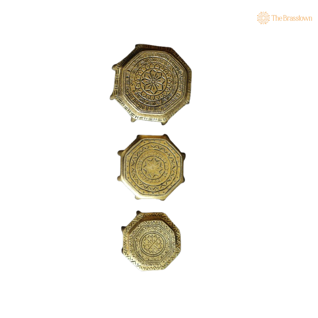 Set of Handcrafted Brass Pooja closeup – intricate craftsmanship