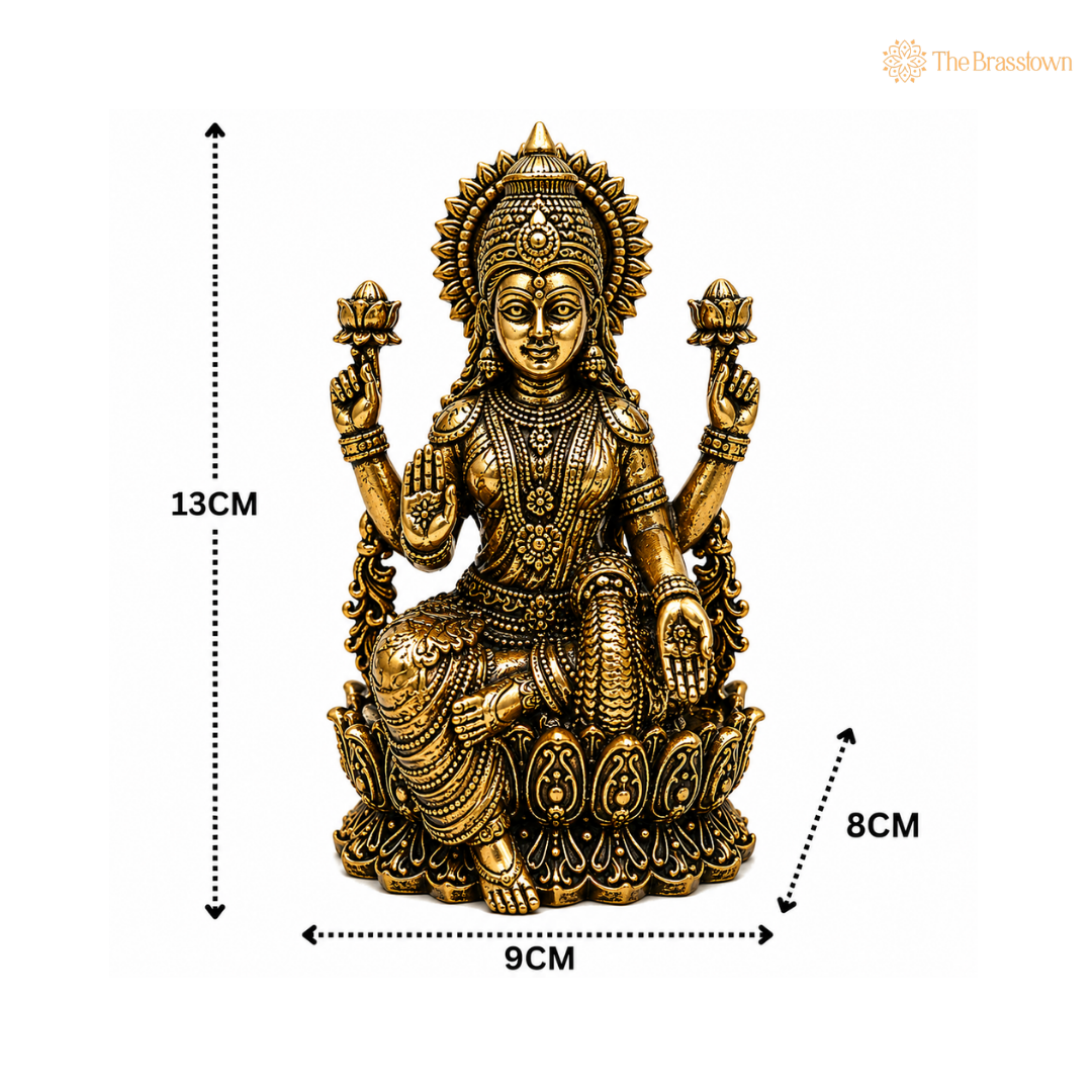 Brass Handcrafted Mahalakshmi Idol – Peetal Goddess Lakshmi Murti for Puja, Home Mandir & Spiritual Décor 5 Inch