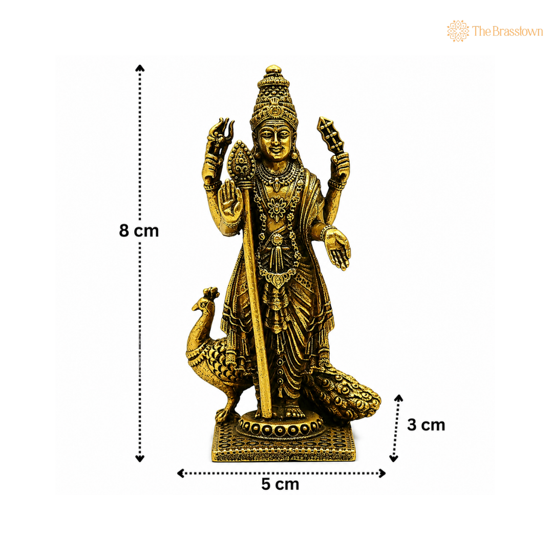 Brass Murugan Idol (Kartikeya) – Skanda / Subramanya / Kartikeya / Shanmukha Statue for Home Temple & Pooja 3 Inch