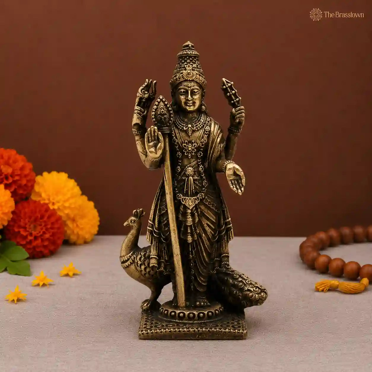 Brass Murugan Idol (Kartikeya) – Skanda / Subramanya / Kartikeya / Shanmukha Statue for Home Temple & Pooja 3 Inch