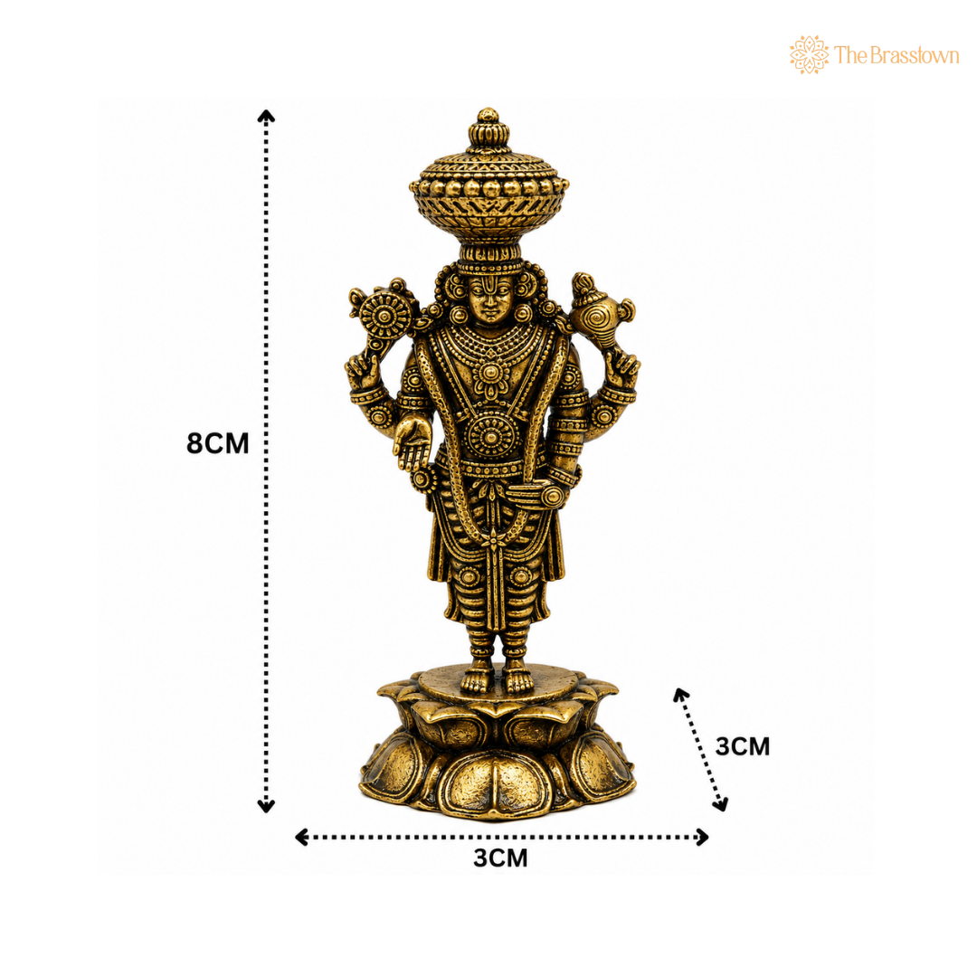 Brass Venkateshvara Idol on Lotus – Tirupati Balaji Statue for Puja & Home Mandir 3 Inch