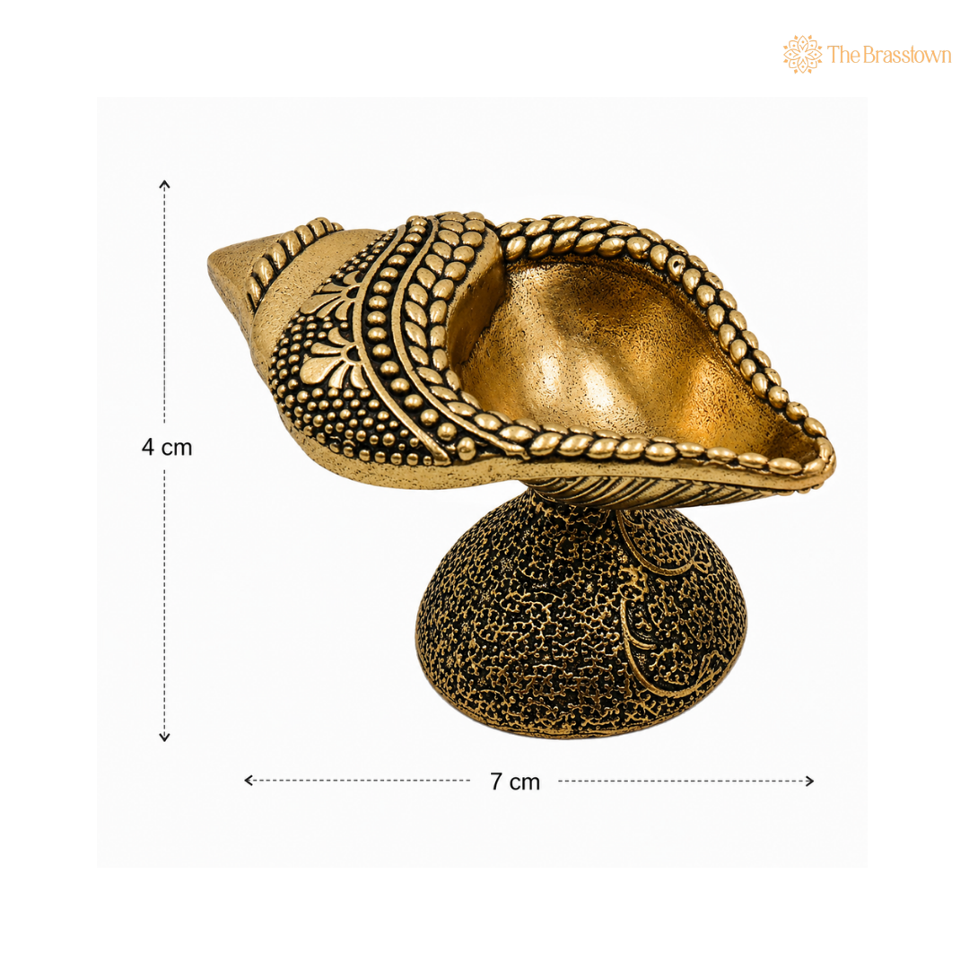 Brass Handcrafted Shankha Diya – Conch Shape Oil Lamp (Peetal Deepak) for Puja, Aarti & Home Mandir Décor 1.5 Inch (set of 2)