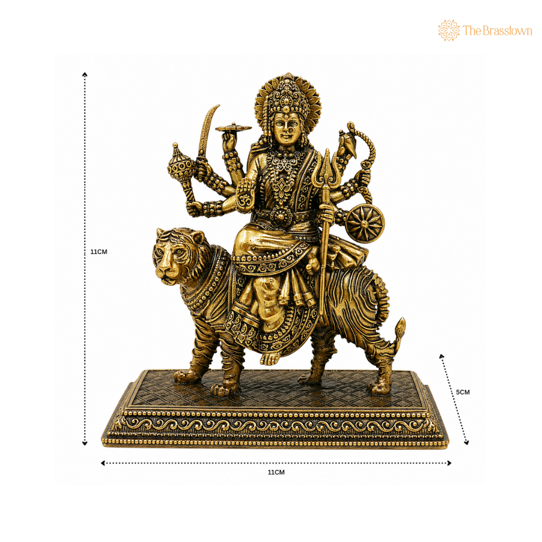 Brass Maa Durga (Bhavani Statue) Idol – Goddess Durga on Lion Murti for Puja, Home Mandir & Spiritual Décor 4.5 Inch