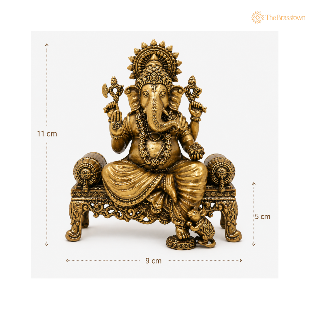 Handcrafted Brass Ganesha on Throne – Regal and Divine Idol 3 Inch