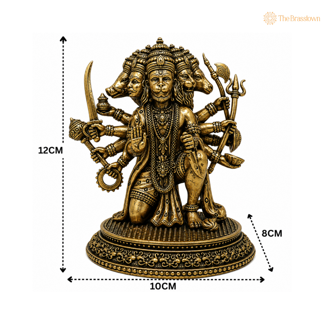 Brass Panchmukhi Sitiing Hanuman Idol – Five-Faced Bajrangbali Murti for Puja, Protection & Home Mandir Décor 4.5 Inch