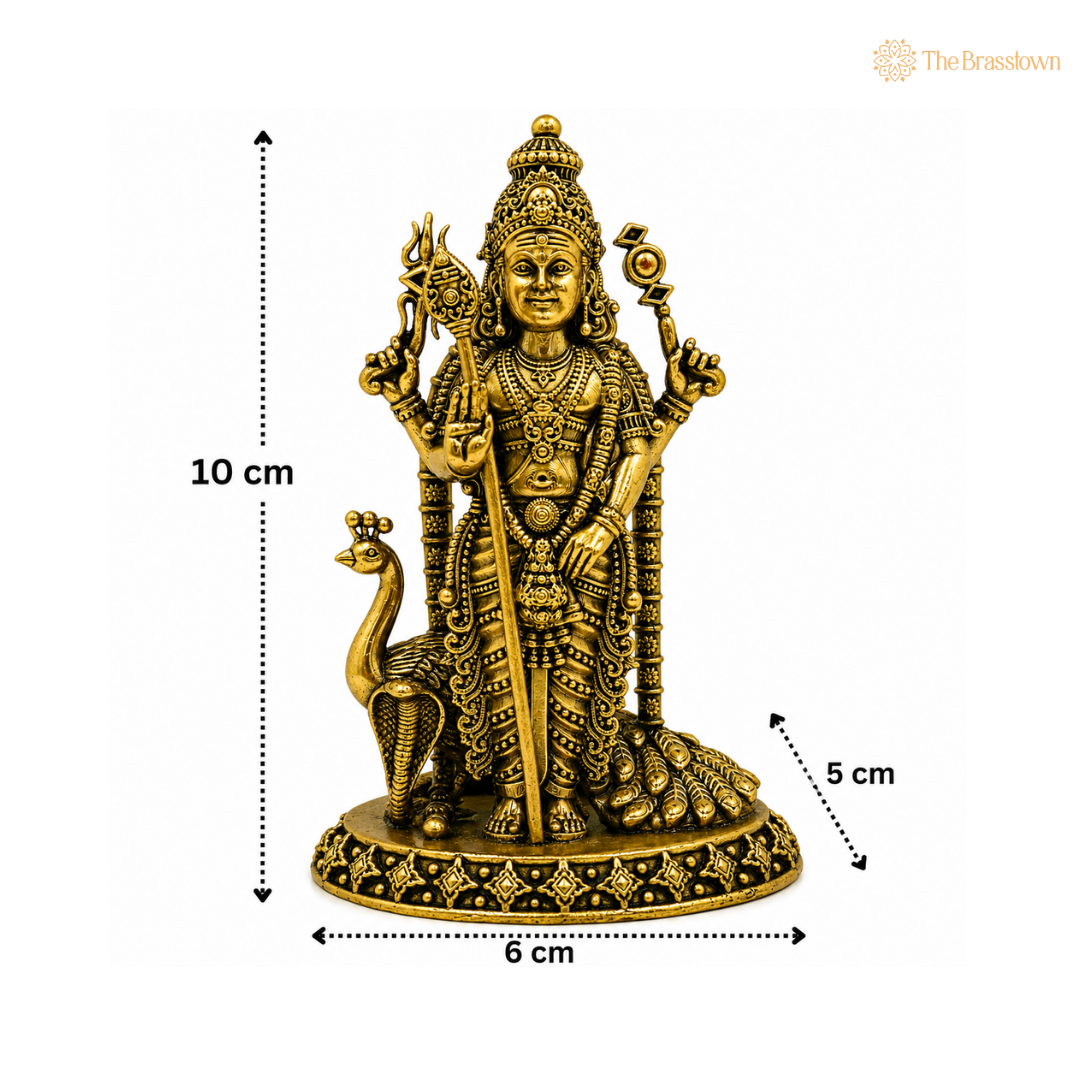 Brass Murugan Idol β Kartikeya / Skanda / Subramanya Statue, Handcrafted Lord Murugan Murti for Puja & Home DΓ©cor 4 Inch
