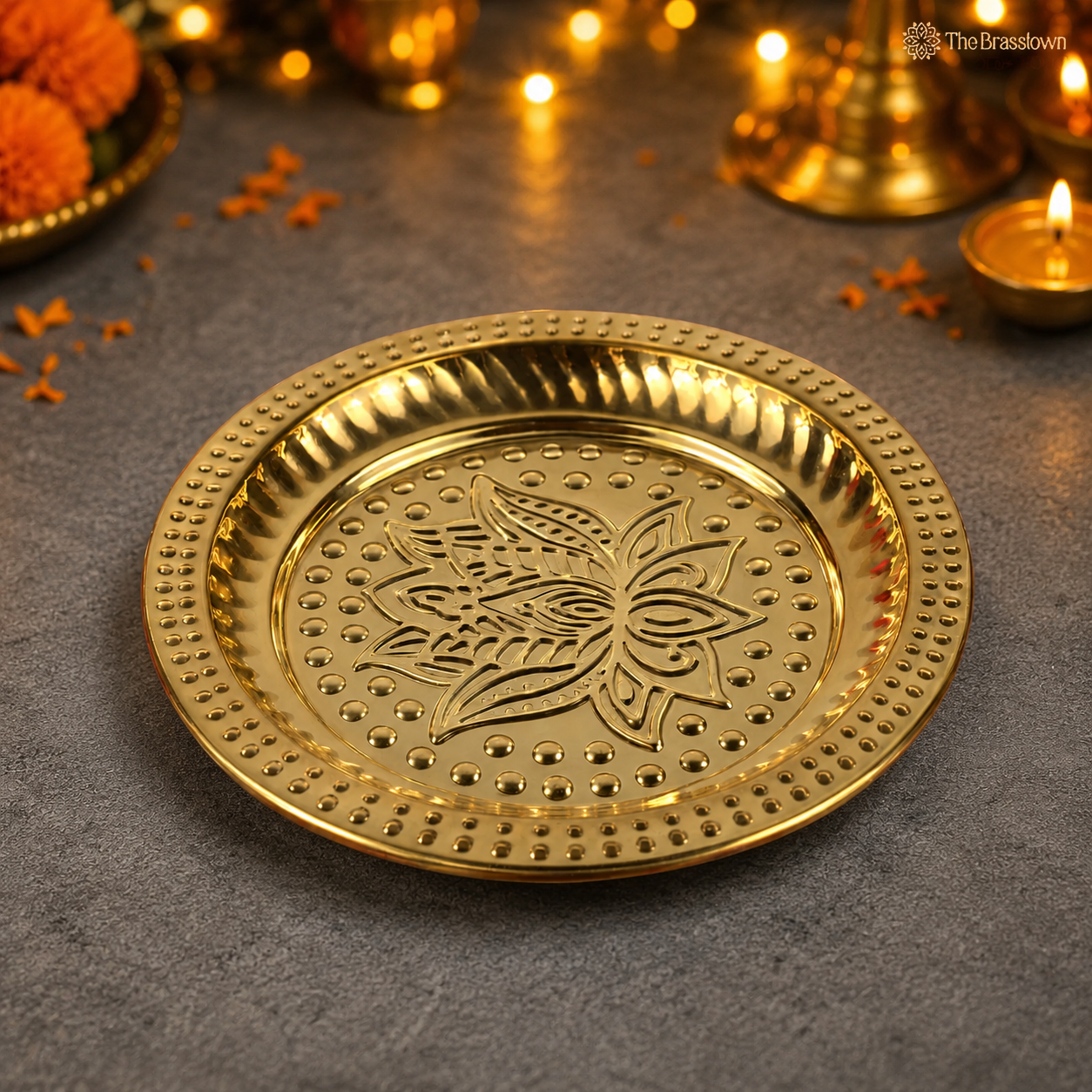 Handcrafted Brass Pooja Thali – Traditional Peetal Aarti Plate (Pital Puja Thambalam) for Hindu Worship & Temple Rituals 1 Inch