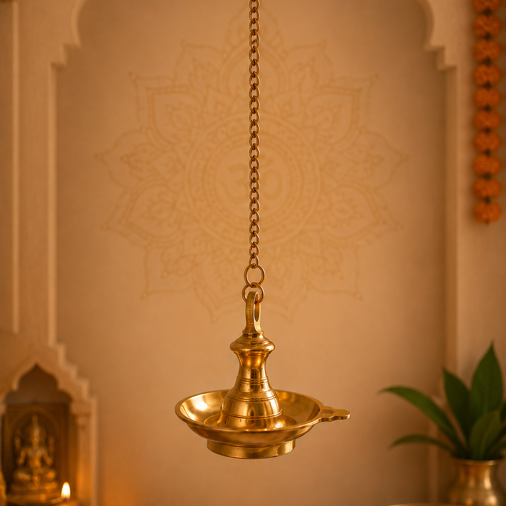Hanging Brass Lamp for pooja – Traditional Peetal Thooku Vilakku Deepam for Temple, Home Mandir & Spiritual Décor 5 Inch