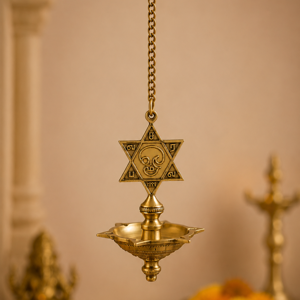 Hanging Brass Lamp with Star – Traditional Peetal Thooku Vilakku Deepam for Temple, Home Mandir & Spiritual Décor 22 Inch