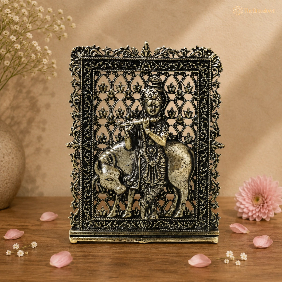 Brass Cow Krishna Panel – Fine Handcrafted - Handcrafted Pooja Decor by The Brasstown