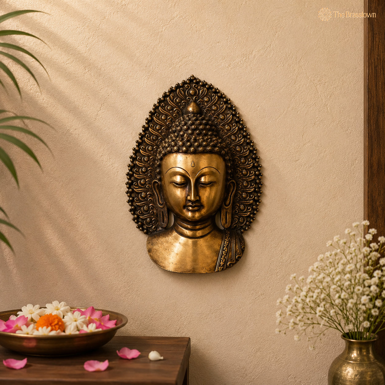 Brass Buddha Face Wall Decor – A Symbol of Serenity and Enlightenment 14 Inch