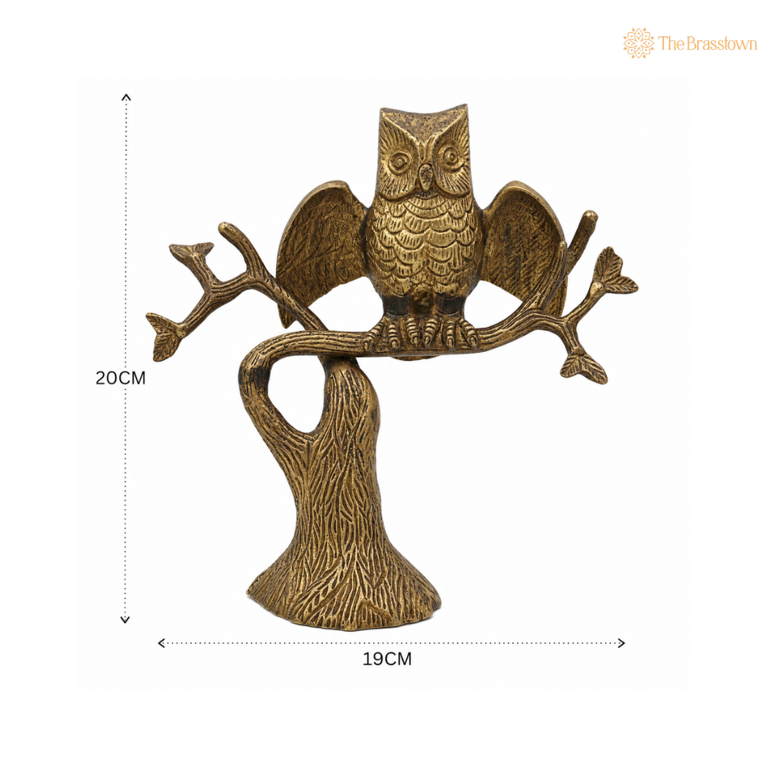 Handcrafted Brass Owl on a Tree Figurine 8 Inch