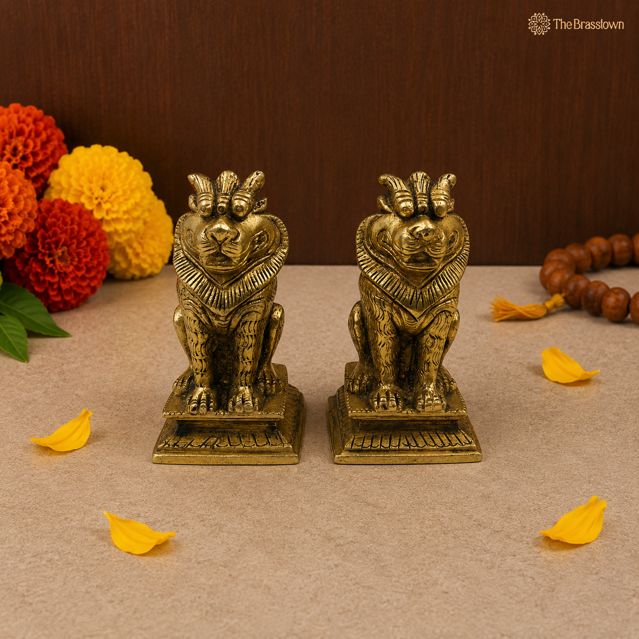 Handcrafted Brass Lion Statues (Pair) 3.5 Inch