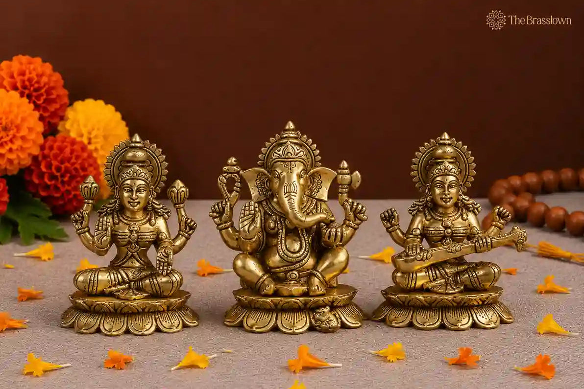 Brass Lakshmi, Ganesha, and Saraswati Statue Set 6 Inch