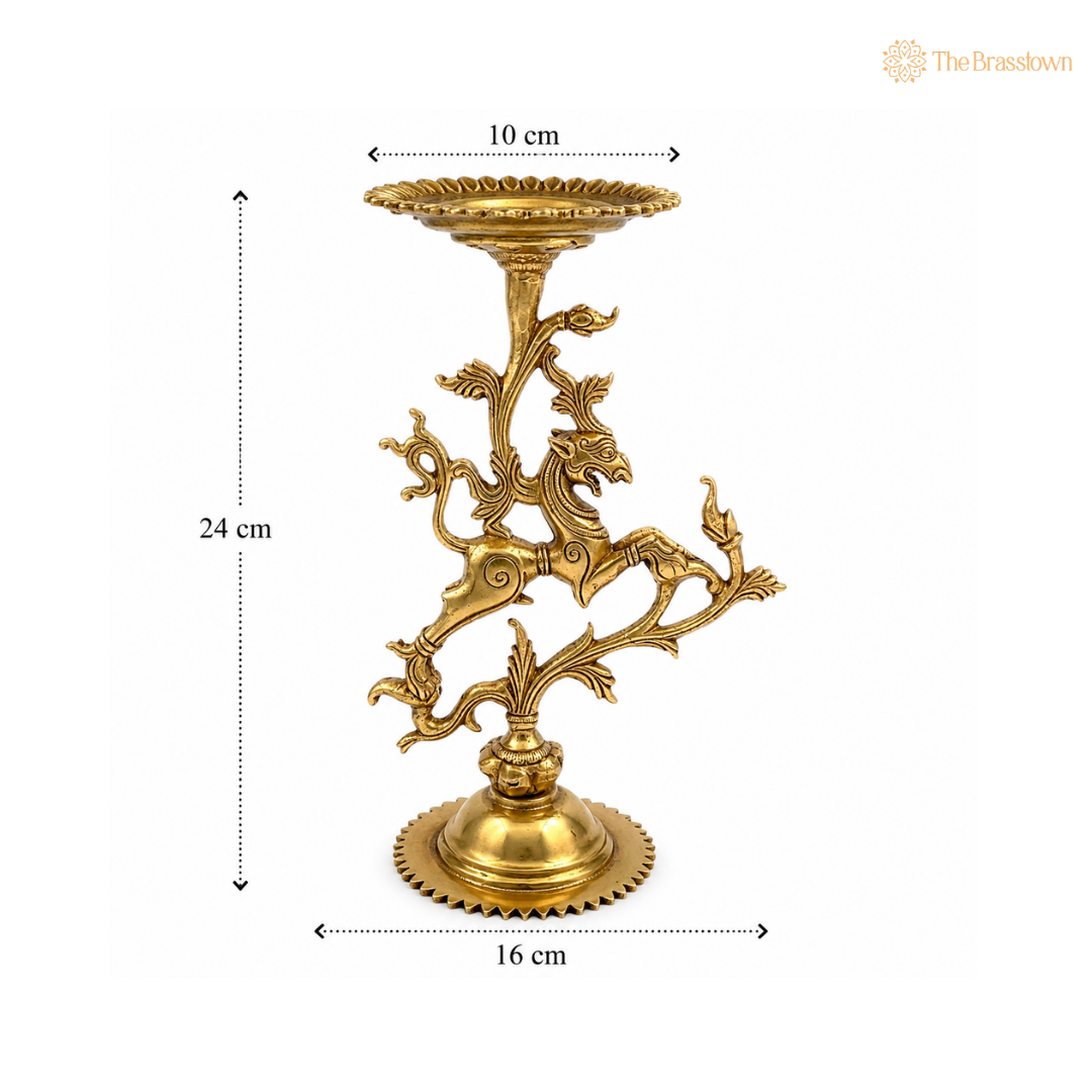 Ornate Brass Yali Candle Holder – A Symbol of Grace and Strength 9.5 Inch