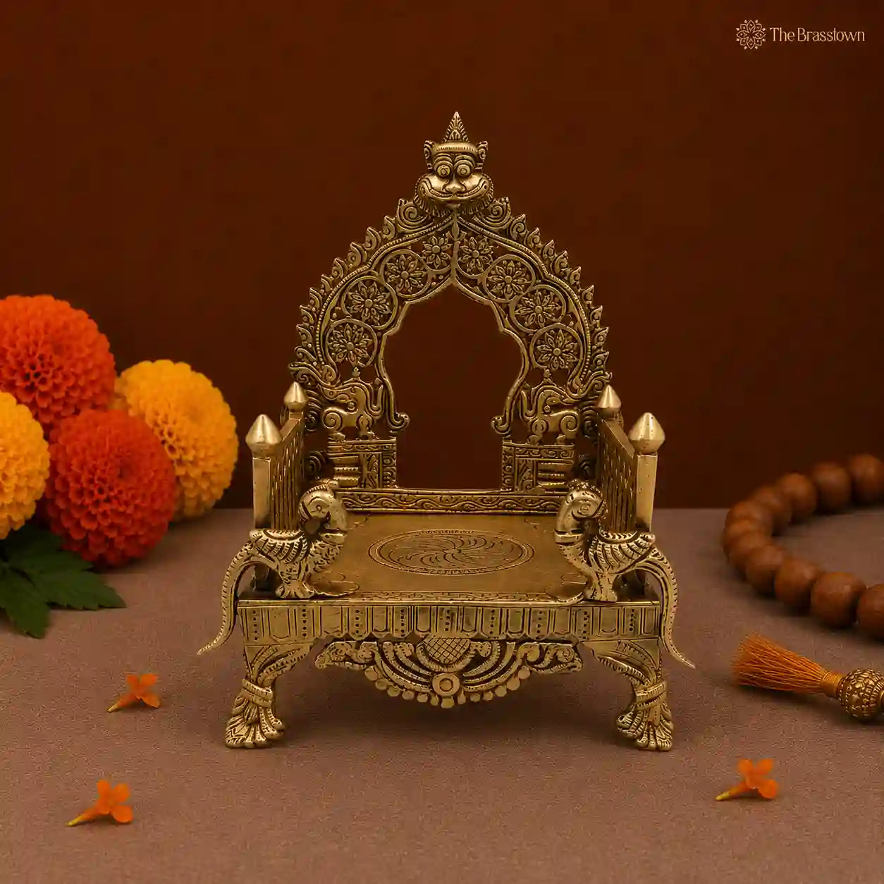 Ornate Brass Temple Seat with Peacock Motif 8.5 Inch