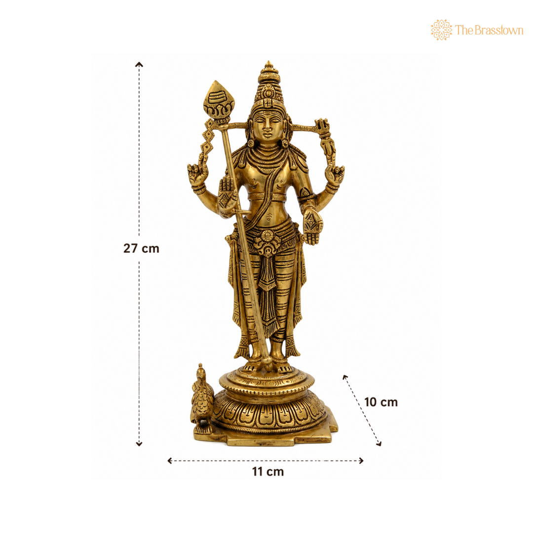 Brass Lord Murugan Idol – Kartikeya / Skanda / Subramanya Statue for Home Temple & Puja 11 Inch