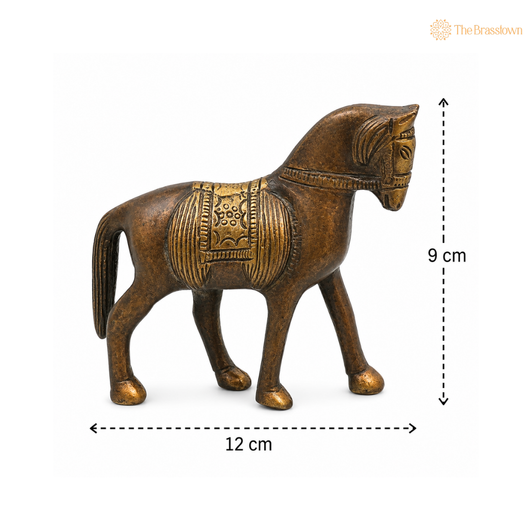Premium Brass Horse Idol β Antique Peetal Ashva (Horse) Statue for Home, Office & Table DΓ©cor 3.5 Inch