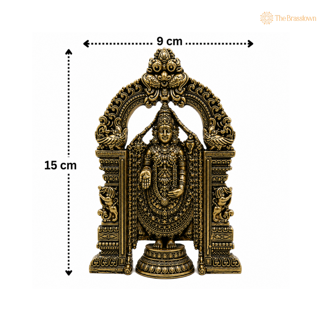 Brass Venkateshvara Idol WIth Prabhavali Frame – Tirupati Balaji Statue for Puja & Home Mandir 6 Inch