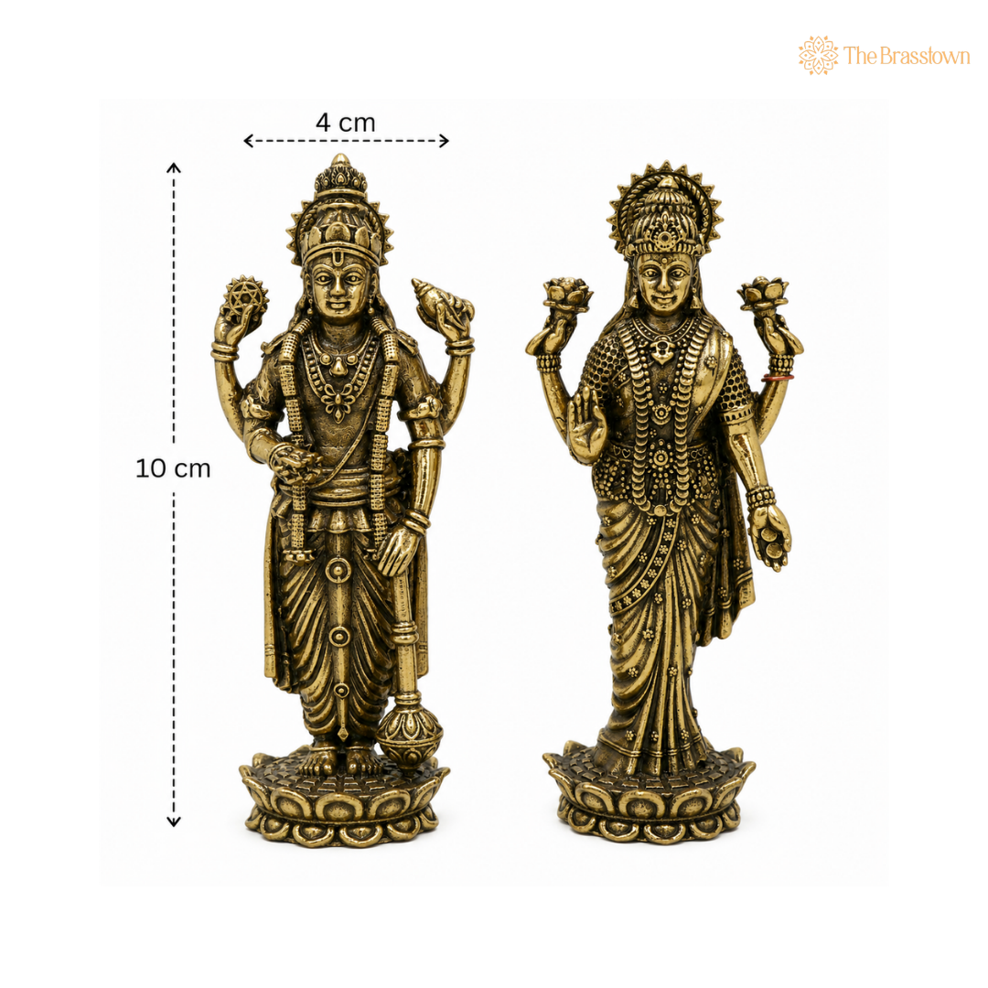 Handcrafted Brass Standing Vishnu and Lakshmi Idol – Fine Finish Divine Statue(Lakshmi Narayan Murti) for Puja & Home Mandir 4 Inch