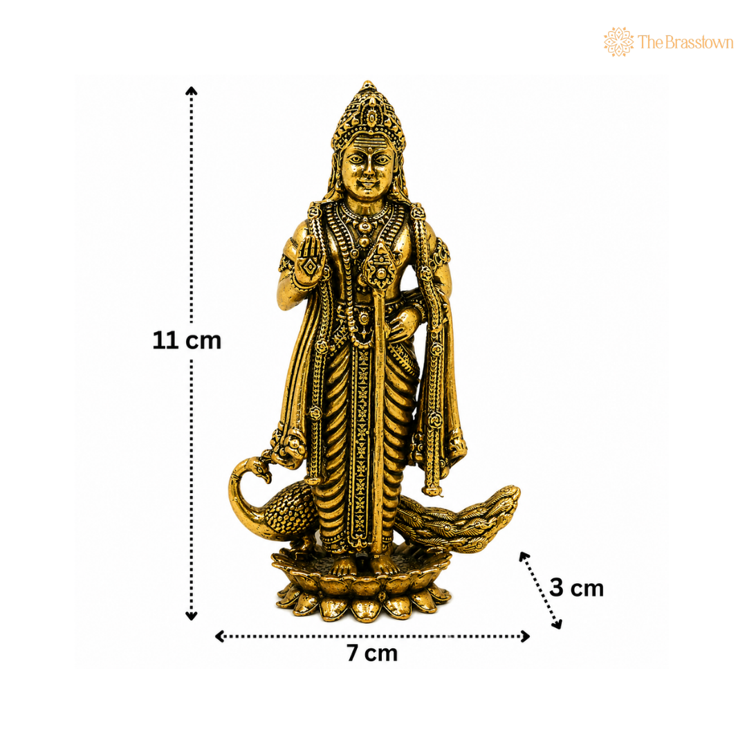 Brass Murugan Idol with Peacock β Kartikeya / Skanda / Subramanya Statue, Handcrafted Lord Murugan Murti for Puja & Home DΓ©cor 4.5 Inch