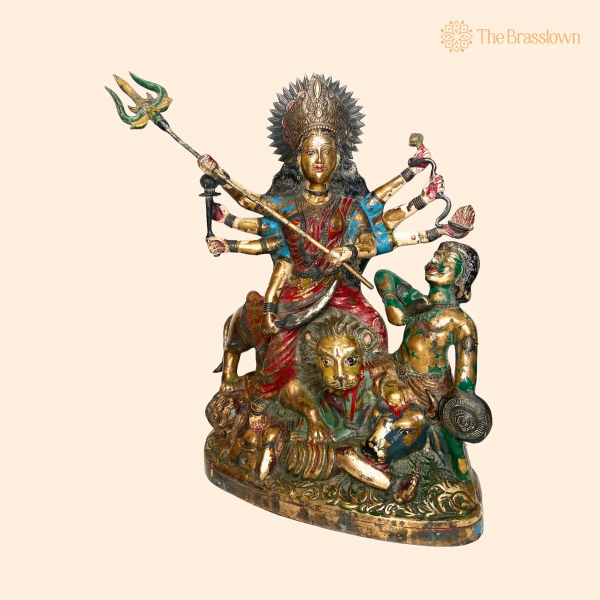Brass Mahishasura Mardini Idol – Handcrafted Simhavahini Durga Devi Murti for Home Temple, Navratri Puja &amp; Décor 21.5 Inch 1