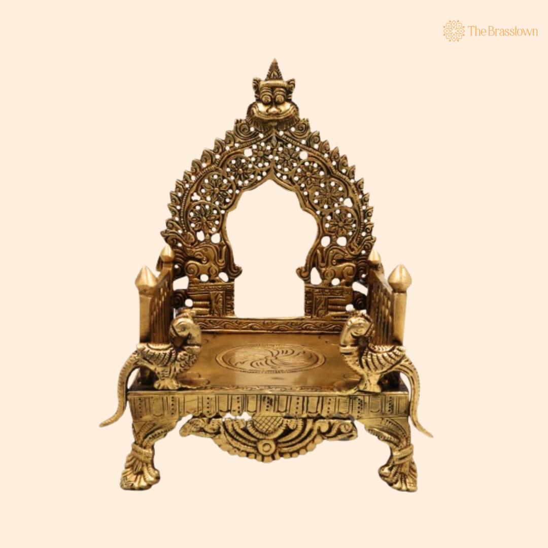 Ornate Brass Temple Seat with Peacock Motif 8.5 Inch
