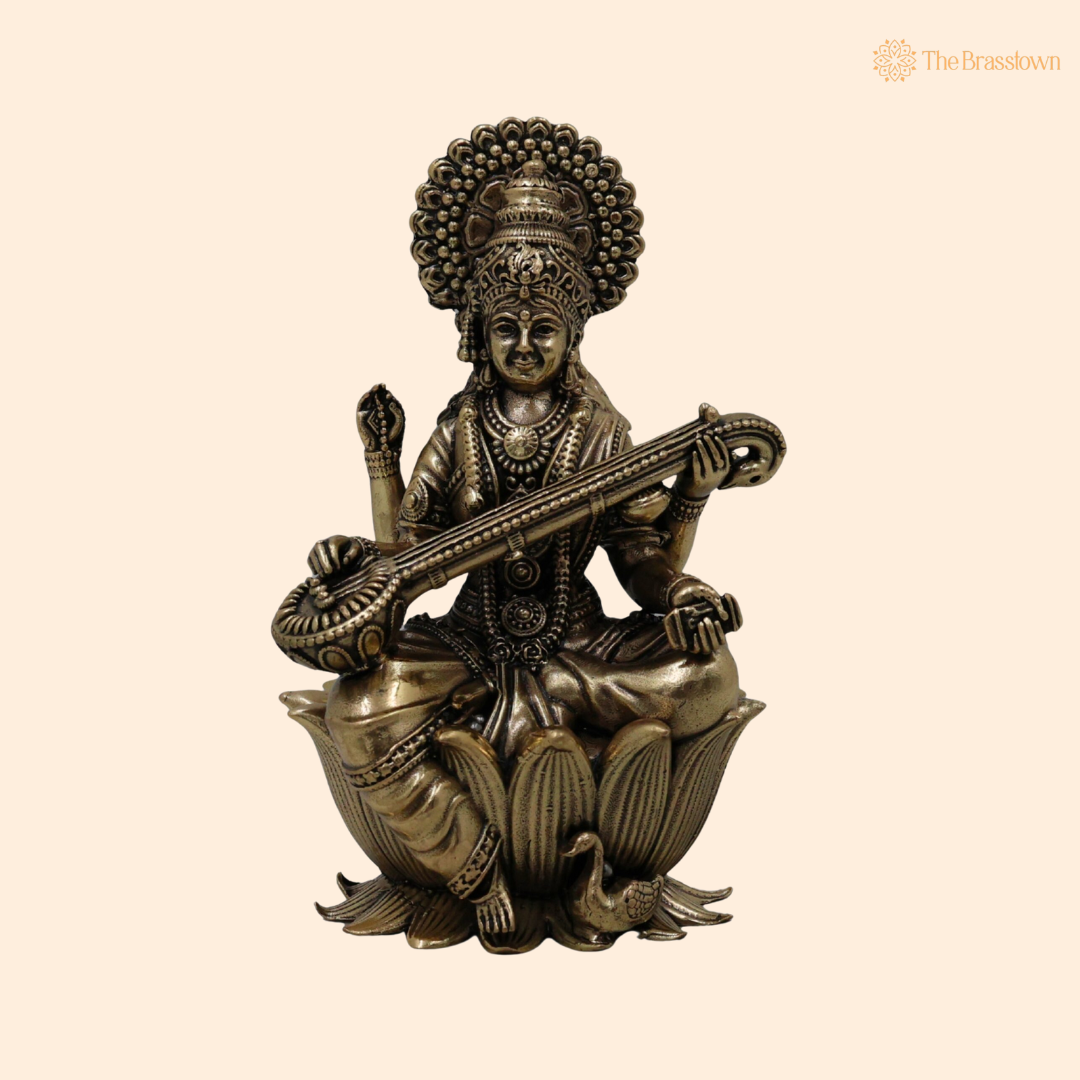 Brass Saraswati Idol 4 Inch front view – pure brass handcrafted India