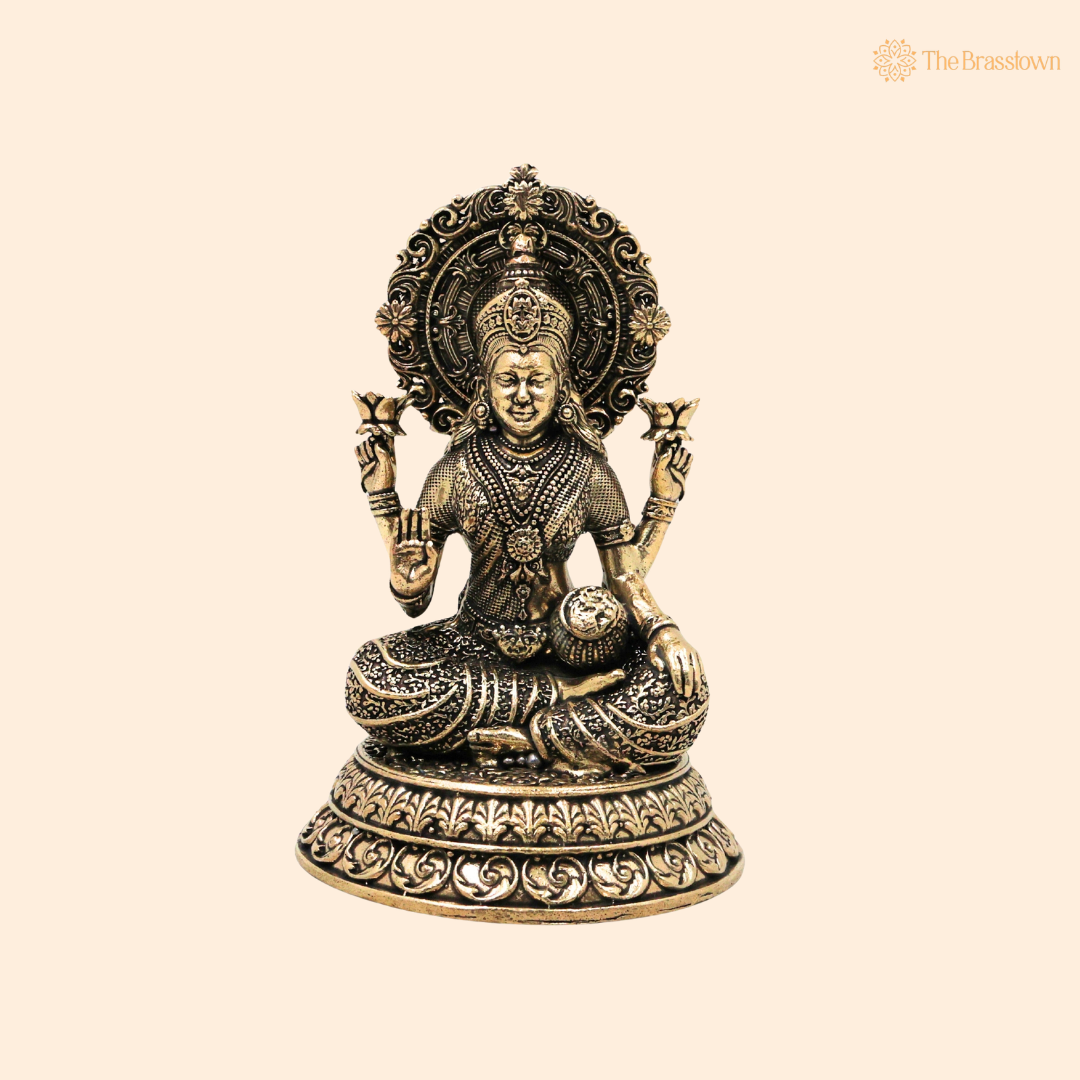 Brass Mahalakshmi Idol 5.5 Inch front view – pure brass handcrafted India