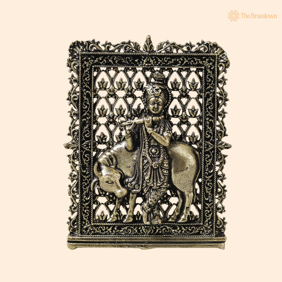 Brass Cow Krishna Panel – Fine Handcrafted Lord Krishna with Cow Wall Plaque for Car Dashboard, Home Décor &amp; Spiritual Blessings 3 Inch