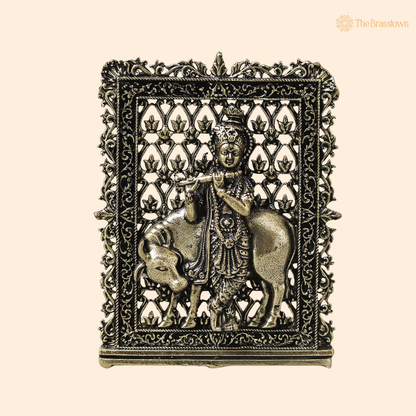 Brass Cow Krishna Panel – Fine Handcrafted Lord Krishna with Cow Wall Plaque for Car Dashboard, Home Décor &amp; Spiritual Blessings 3 Inch