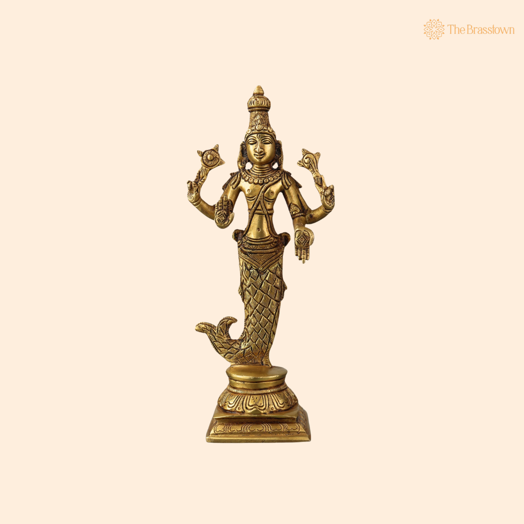 Brass Lord Vishnu in Matsya 9 Inch front view – pure brass handcrafted India