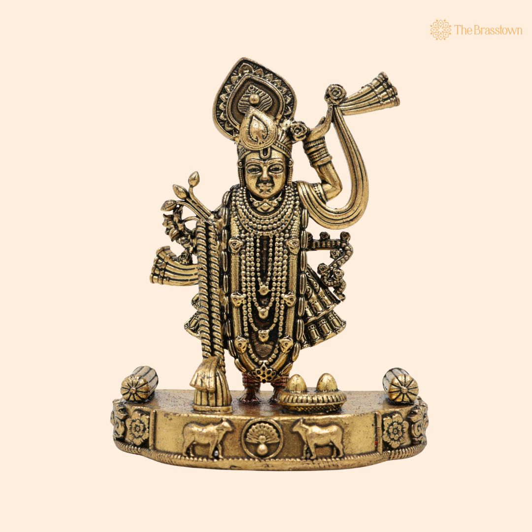 Brass Shrinath Ji Idol 4 Inch front view – pure brass handcrafted India