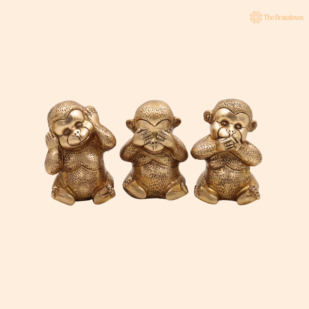 Handcrafted Brass Three Wise Monkeys Idol – Gandhiji Ke Teen Bandar Statue for Home Décor, Office Desk &amp; Gifting  4.5 Inch