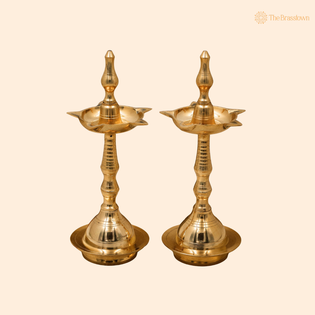 Handcrafted Brass Deepam Diya – Traditional Kuthu Vilakku Samai, Nilavilakku Oil Lamp for Puja, Aarti &amp; Temple Décor 10 Inch (set of 2)
