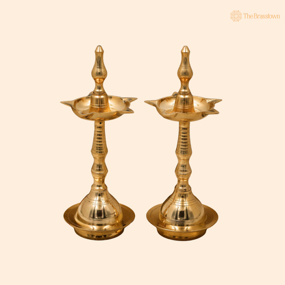 Handcrafted Brass Deepam Diya – Traditional Kuthu Vilakku Samai, Nilavilakku Oil Lamp for Puja, Aarti &amp; Temple Décor 10 Inch (set of 2)