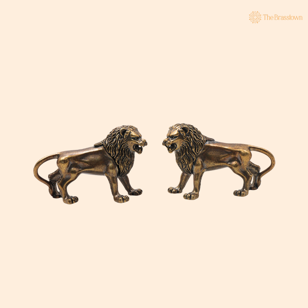 Handcrafted Brass Lion Set of 2 Simha Sculpture - Traditional Handcrafted Vastu Pooja Home Decor Gift Statue 2 Inch