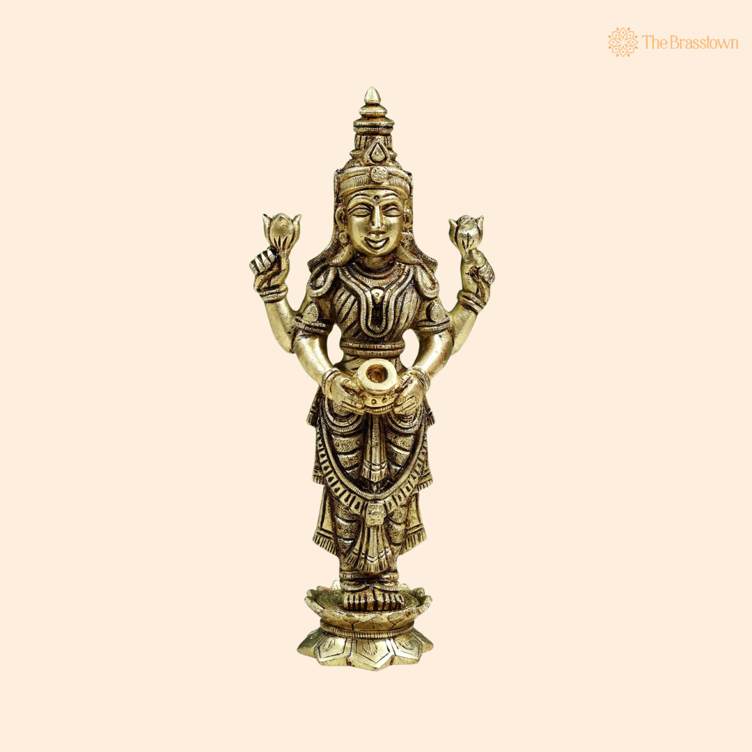 Brass Standing Goddess Lakshmi Idol 8 Inch front view – pure brass handcrafted India
