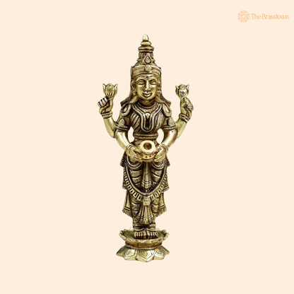 Brass Standing Goddess Lakshmi Idol 8 Inch front view – pure brass handcrafted India