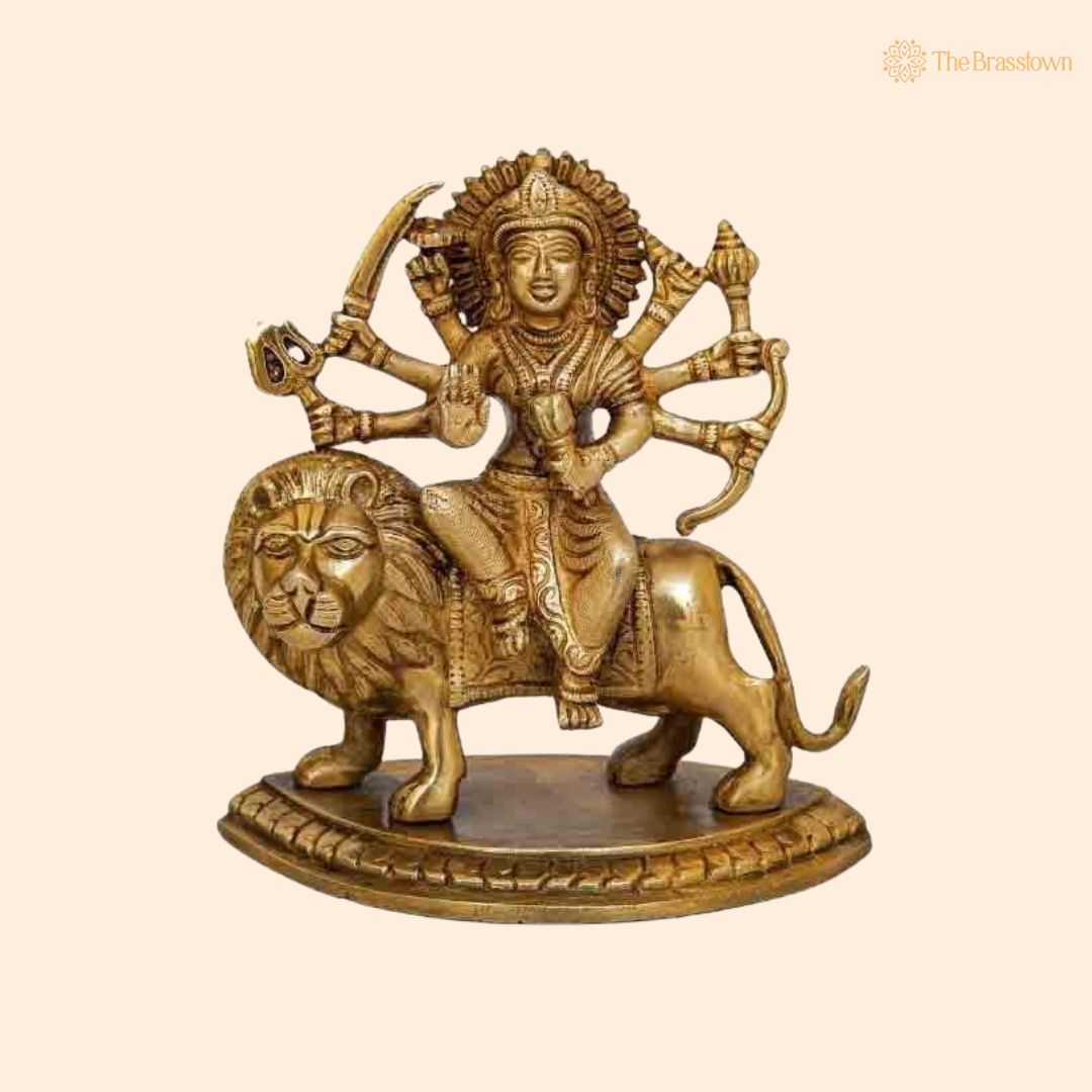 Brass Durga Maa Sherawali Idol 6 Inch front view – pure brass handcrafted India