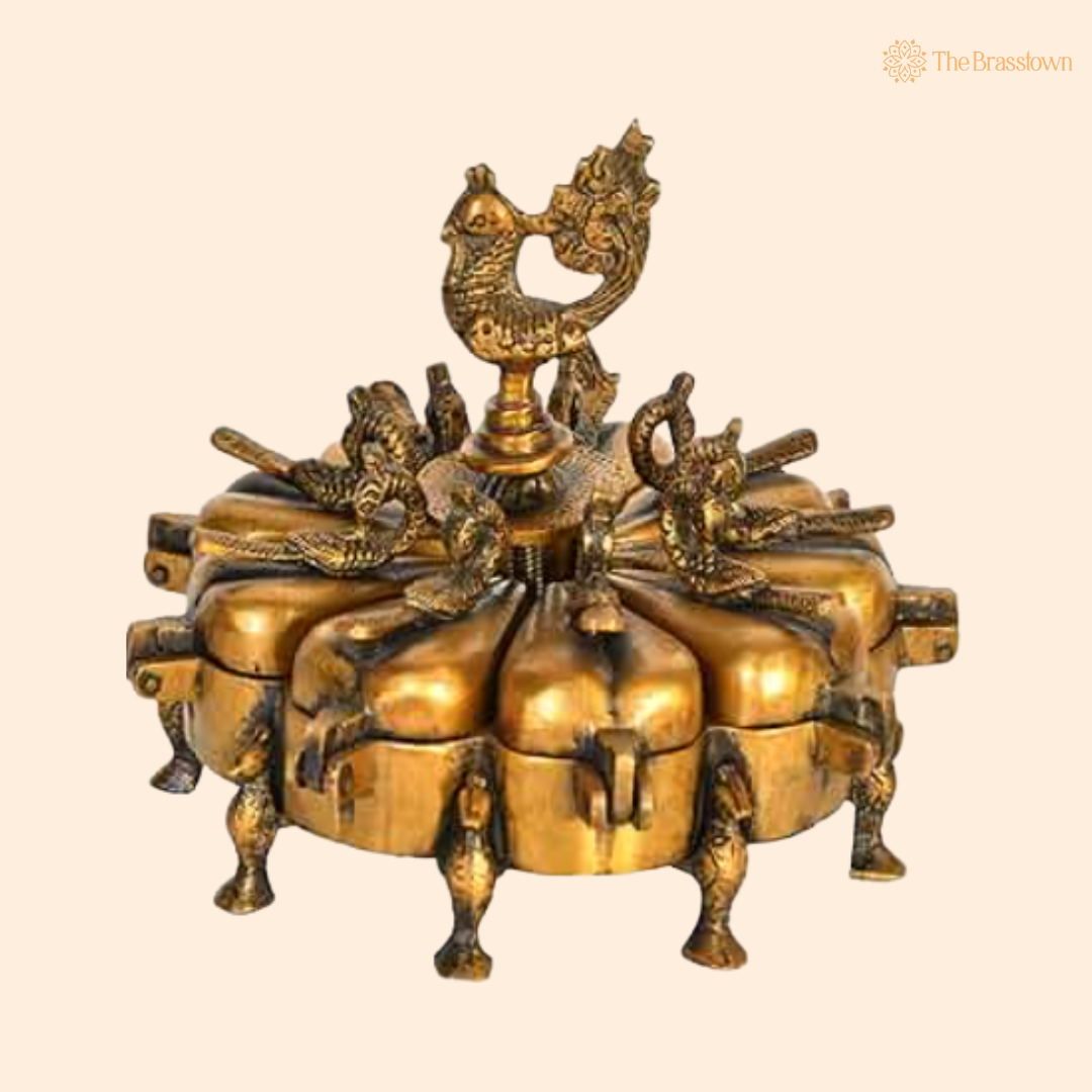 Handcrafted Brass Sindur Storage Box 6 Inch front view – pure brass handcrafted India